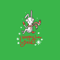 New Year card with hare. Chinese calendar symbol. Vector holiday poster. Funny animal. Cheerful rabbiti. Funny hare print. Anthropomorphic character for desing.