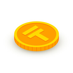 Isometric gold coin icon with Kazakh Tenge sign. 3d KZT Cash, currency of Kazakhstan, Game coin, banking or casino money symbol for web, apps, design. Kazakh currency exchange vector icon