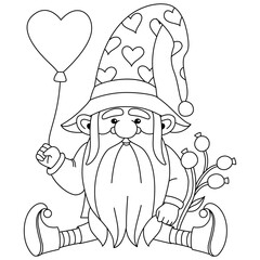 A Gnome sitting with a heart shaped balloon and love pattern hat outline artwork coloring pages