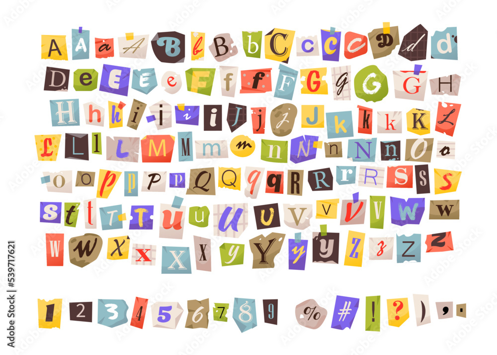 Fototapete anonymous letters cut from magazines. clipping alphabet. paper style ransom note letter. cut letters