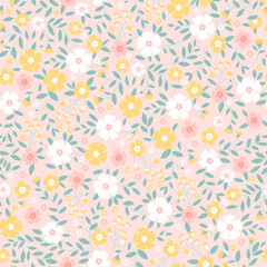 Vector seamless pattern with flowers and small green leaves on pink background. Vintage romantic texture.