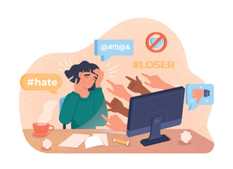 Cyber bullying concept. Frightened and sad woman sits in front of monitor from which her hands stick out. Depression and frustration, loneliness and insecurity. Cartoon flat vector illustration