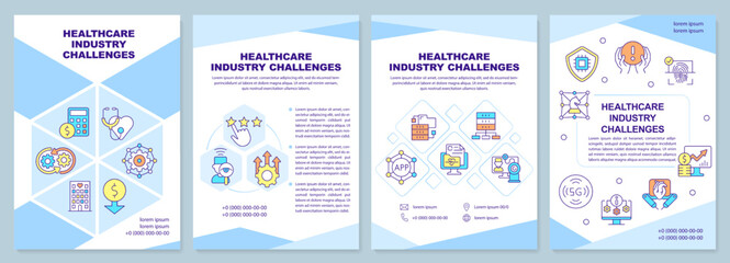 Healthcare industry challenges brochure template. Leaflet design with linear icons. Editable 4 vector layouts for presentation, annual reports. Arial-Black, Myriad Pro-Regular fonts used