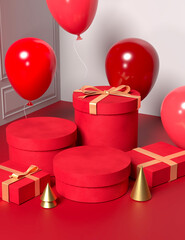 Festive velvet box set and red balloon on modern backdrop with minimal background. 3d rendering.