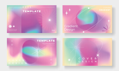Abstract vibrant gradient cover template. Set of modern poster with geometric shapes, circles, stars, planet. Colorful gradient mesh background for brochure, flyer, wallpaper, banner, business card.