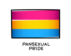 The flag of pansexual pride. A colorful logo of one of the LGBT flags. Pink, yellow and blue brush strokes drawn by hand. Black outline.