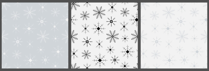 Set of seamless patterns with snowflakes. Hand drawn winter backgrounds. Doodle Christmas snowflakes vector print