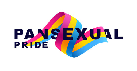 Pansexual inscription in a ribbon in the colors of the pansexual pride flag. Sexual identification. Colorful logo of one of the LGBT flags. - obrazy, fototapety, plakaty