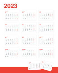 Calendar grid monthly 2023 in French. A set of 12 pages of A5 calendar months horizontal. Vector illustration