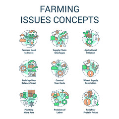 Naklejka premium Farming issues concept icons set. Agriculture problem. Challenges farmers face idea thin line color illustrations. Isolated symbols. Editable stroke. Roboto-Medium, Myriad Pro-Bold fonts used