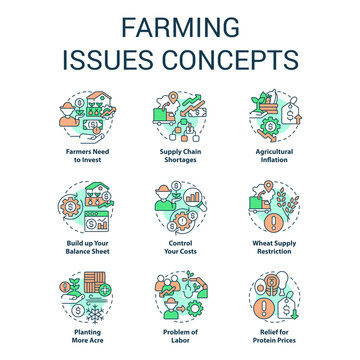 Farming issues concept icons set. Agriculture problem. Challenges farmers face idea thin line color illustrations. Isolated symbols. Editable stroke. Roboto-Medium, Myriad Pro-Bold fonts used