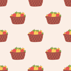 Seamless Pattern with a Basket of Apples. Thanksgiving Day collection. Flat vector illustration.