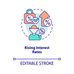 Rising interest rates for farmers concept icon. Farm lending. Agricultural economics abstract idea thin line illustration. Isolated outline drawing. Editable stroke. Arial, Myriad Pro-Bold fonts used
