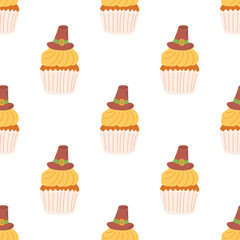 Seamless Pattern with Thanksgiving Cupcake. Thanksgiving Day collection. Flat vector illustration.