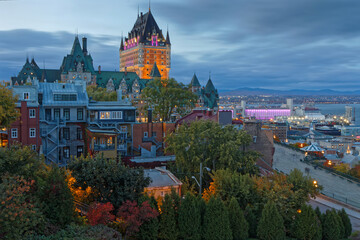 QUEBEC, CANADA, October 8, 2022 : Château Frontenac at blue hour. It is a historic building...
