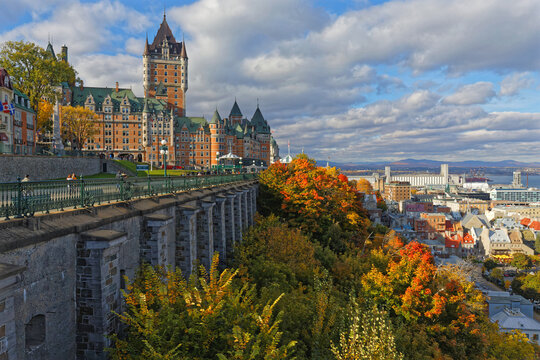 QUEBEC, CANADA, October 8, 2022 : Terrasse Dufferin, Ch&acirc;teau Frontenac and Petit Champlain district in a fall cityscape.