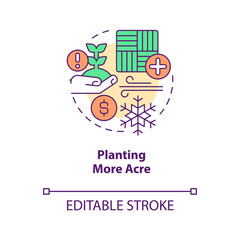 Planting more acres concept icon. Global crop balances. Increase cultivated areas abstract idea thin line illustration. Isolated outline drawing. Editable stroke. Arial, Myriad Pro-Bold fonts used