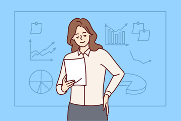 Businesswoman hold document make business presentation near board in office. Smiling female speaker with paperwork present near whiteboard. Vector illustration. 