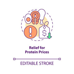 Relief for protein food prices concept icon. Meat costs growth. Cattle consumption abstract idea thin line illustration. Isolated outline drawing. Editable stroke. Arial, Myriad Pro-Bold fonts used