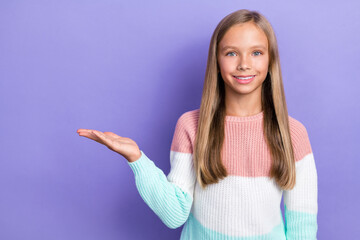 Photo of nice cute girl arm presenting empty space recommend visit shop big black friday sale isolated on purple color background