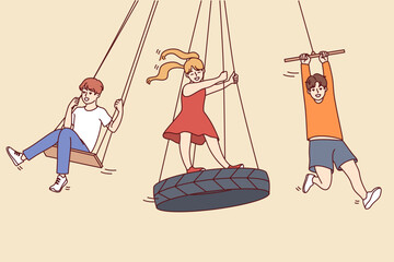 Happy children have fun riding on swings outdoors. Smiling kids enjoy summer leisure activity on street. Childhood concept. Vector illustration. 