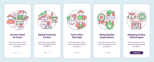 Problems farmers face onboarding mobile app screen. Agriculture issue walkthrough 5 steps editable graphic instructions with linear concepts. UI, UX, GUI template. Myriad Pro-Bold, Regular fonts used