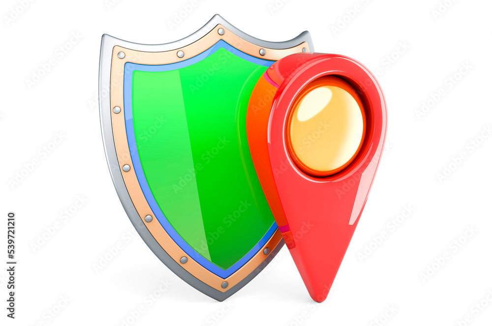 Poster shield with map pointer, 3d rendering