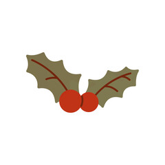 Simple cranberry vector illustration for Christmas cards or clipart. Flat Red cranberries with green leaves isolated on white background.