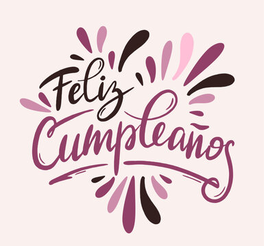 Happy birthday in Spain.  Lettering in Spanish with splashes and curls. Vector illustration