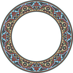 Vector colored round oriental ornament. Arabic patterned circle of Iran, Iraq, Turkey, Syria. Persian frame, border.