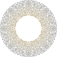 Vector gray round oriental ornament. Arabic patterned circle of Iran, Iraq, Turkey, Syria. Persian frame, border. Lacy carved snowflake...