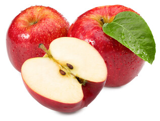 red apples with green leaves  isolated on white background. clipping path