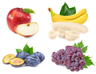 banana, apple, plums and red grapes berries isolated on white background. fruit collection. clipping path