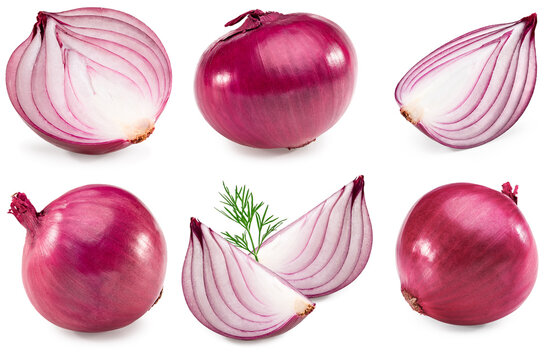 Red sliced onion with green leaves isolated on white background. clipping path