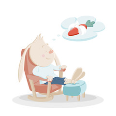 12 / 25 Cute bunny sits in armchair, paws on pouffe, dreams about carrot. Christmas, New Year and Easter coloured vector illustration. Collection of rabbits in cartoon style. Humour