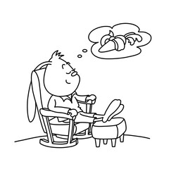 12 / 25 Cute bunny sits in armchair, paws on pouffe, dreams about carrot. Christmas, New Year and Easter contour vector illustration. Collection of rabbits in cartoon style. Humour