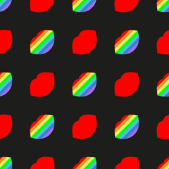 Sexy lips. Seamless bright vector pattern with rainbow and red lips on a black background. Fashion pop art background freedoms. For modern original designs, prints, textiles, fabrics, wallpapers, etc.