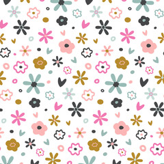 Simple vector floral pattern. Decorative flowers. Flowers, hearts motive. Pink, blue green, colors. Design for print, textile, fabric, gift cards. Wrapping paper.