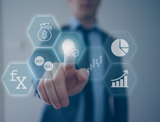 businessman pressing touch interface to login and authenticate. cyber security concept. financial service and fintech.