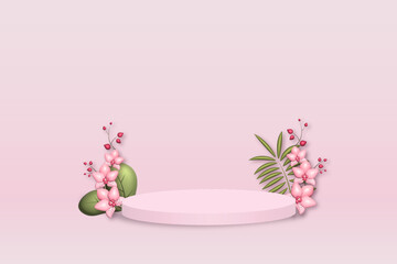 Abstract 3D scene background. Cylindrical podium with arches, leaves on a pink background. Product presentation, mockup, cosmetic product display, podium, pedestal or platform