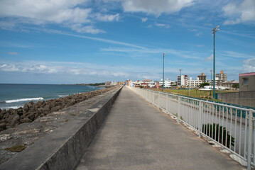 Obraz premium 消波ブロックと遊歩道のある防波堤