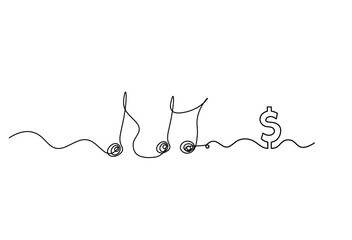 Abstract whole note with dollar as continuous lines drawing on white background