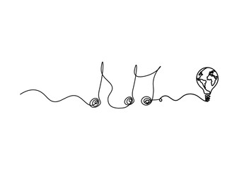 Abstract whole note with globe light bulb as continuous lines drawing on white background