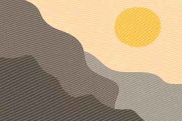 Fototapeten Khaki Contemporary drawing vector template poster design with mountains and sun. Abstract hand drawn mountain landscape.  © flexelf