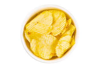 Top view closeup pile of dried crispy salted potato chips in white ceramic bowl isolated on white background.