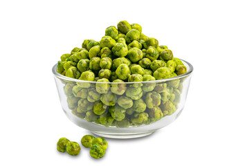 Closeup view pile of dried crispy spicy wasabi coated green peas in transparent glass bowl isolated on white background with clipping path.