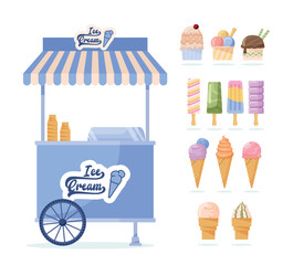 Ice cream set. Collection of sweet and cold products for hot weather. Summer season symbol. Sticker for social networks and messengers. Cartoon flat vector illustrations isolated on white background