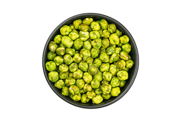 Top view or flat lay of dry crispy wasabi coated green peas in black ceramic bowl isolated on white background with clipping path.