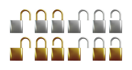 3d metal lock from gold and iron. Realistic vector illustration. Locked, unlocked, open, closed volumetric padlock. © Svetlana Ievleva