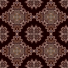 Seamless pattern with amazing flowers and abstract leaves on a deep brown background. Print for fabric, home textile. ethnic motives.